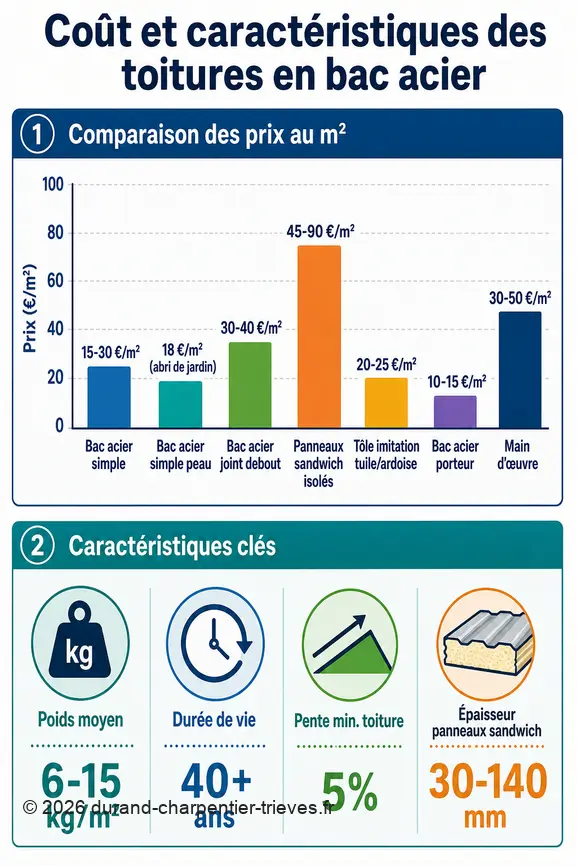 Infographie comparative des prix et caractéristiques des différentes toitures en bac acier.