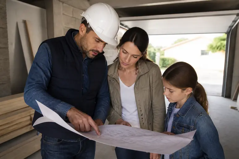 Un homme et une femme discutent des plans de construction d'un garage à toit plat, sous un soleil éclatant.