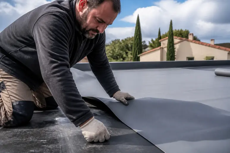 Un couvreur spécialisé applique méticuleusement une membrane EPDM grise sur la toiture plane d'un garage.