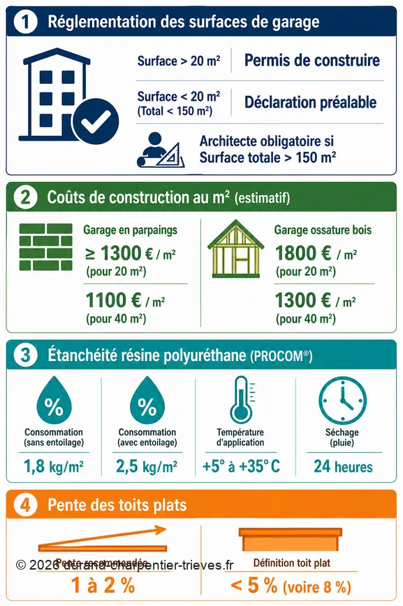 Infographie sur les coûts, réglementations, et spécificités techniques pour le choix et la réussite d'une toiture de garage plat.