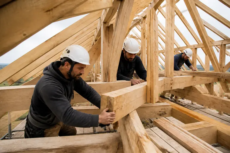 Des charpentiers français assemblent une charpente traditionnelle en bois sur un chantier, sous un ciel lumineux.