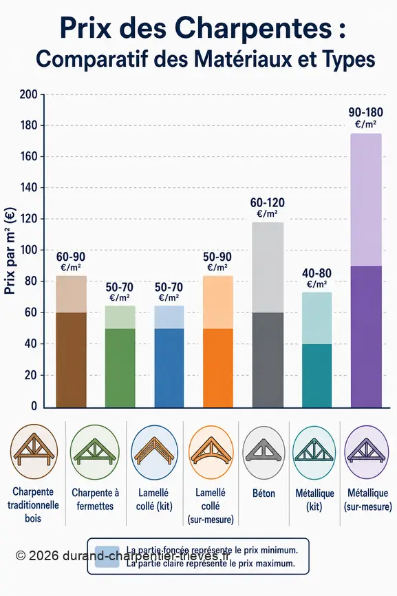 Graphique comparant les prix au m² des charpentes traditionnelles, à fermettes, en bois lamellé collé, en béton et métalliques.