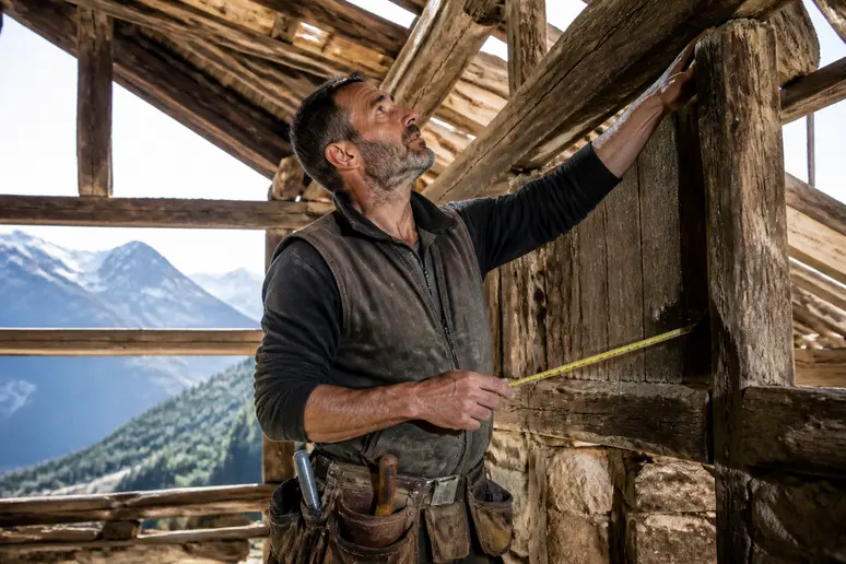 Un charpentier français examine la charpente d'un ancien chalet d'alpage en cours de rénovation, au cœur des paysages magnifiques des Alpes françaises.