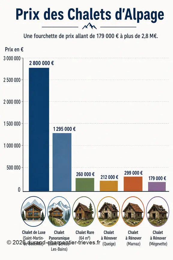 Comparaison des prix des chalets d'alpage isolés, allant de 179 000 € à plus de 2,8 millions d'euros.
