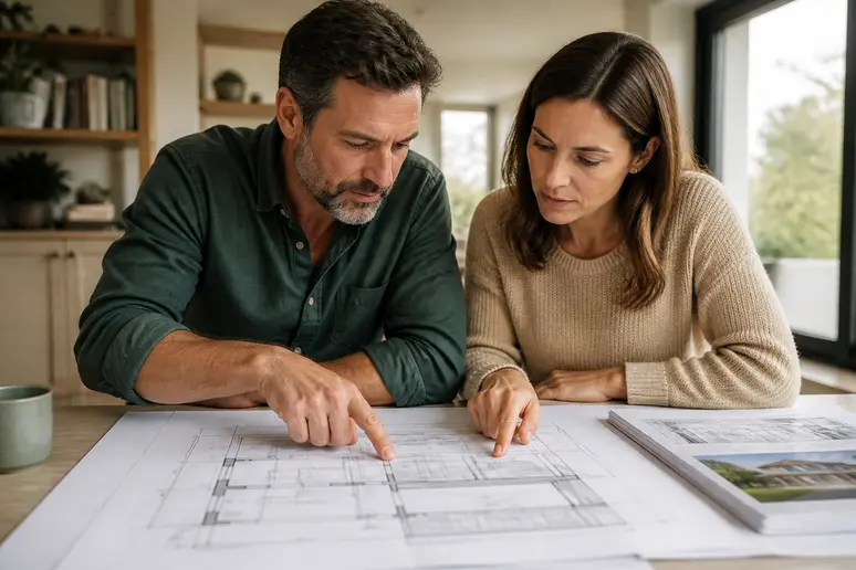 Couple français examinant des plans détaillés pour l'agrandissement en bois de leur maison, illustrant la conception sur mesure.