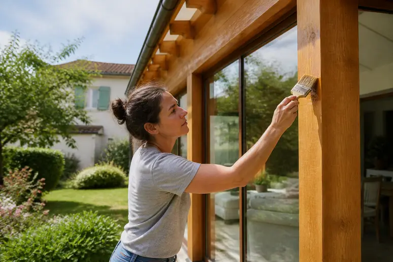 Femme appliquant un produit de protection sur la structure en bois d'une véranda, soulignant l'importance de l'entretien régulier.