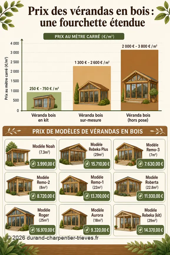 Graphique comparatif des prix des vérandas en bois selon leur type et leur taille, incluant les gammes et des exemples de modèles.