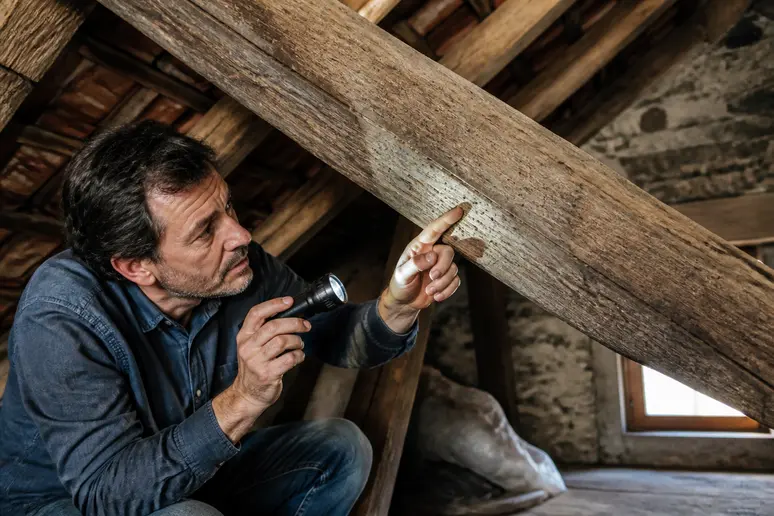 Un homme examine attentivement une poutre ancienne dans un grenier, recherchant les signes distinctifs d'une infestation de vers à bois.