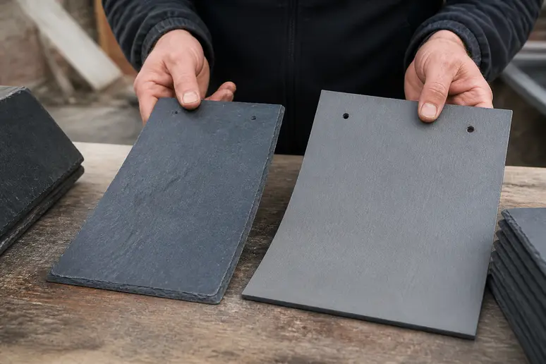 Un artisan compare une ardoise naturelle et une plaque en fibrociment sur un établi en bois.