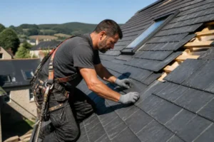 artisan couvreur posant des ardoises toiture sur la charpente d'une maison individuelle