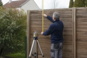 Propriétaire vérifiant la hauteur légale d'une clôture définition avec un mètre ruban.