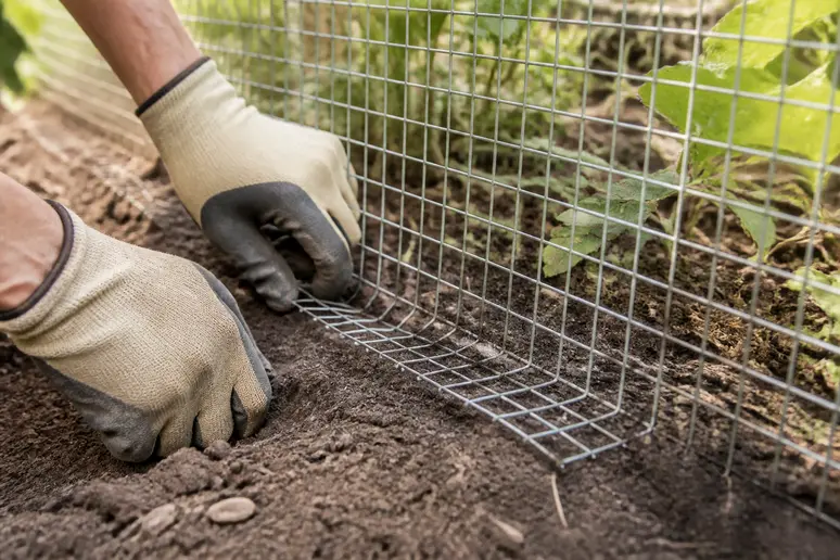 Mains en train d'enterrer et de replier le bas du grillage de protection pour le potager.