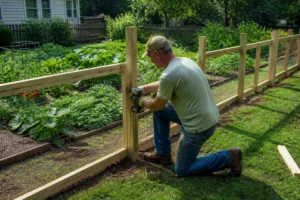 Installation d'une cloture pour potager en bois dans un jardin familial verdoyant