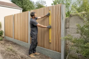 artisan installant des panneaux en bois pour une cloture prix accessible dans un jardin