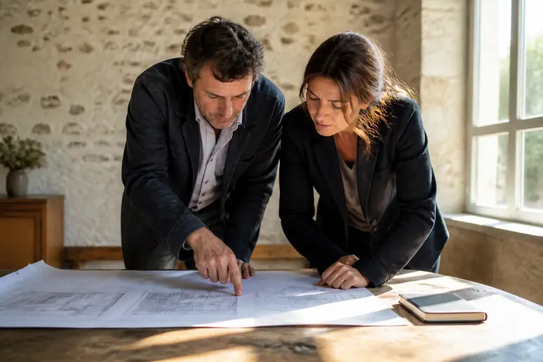 Couple français examinant des plans pour construire une maison en pierre. Travail méticuleux.