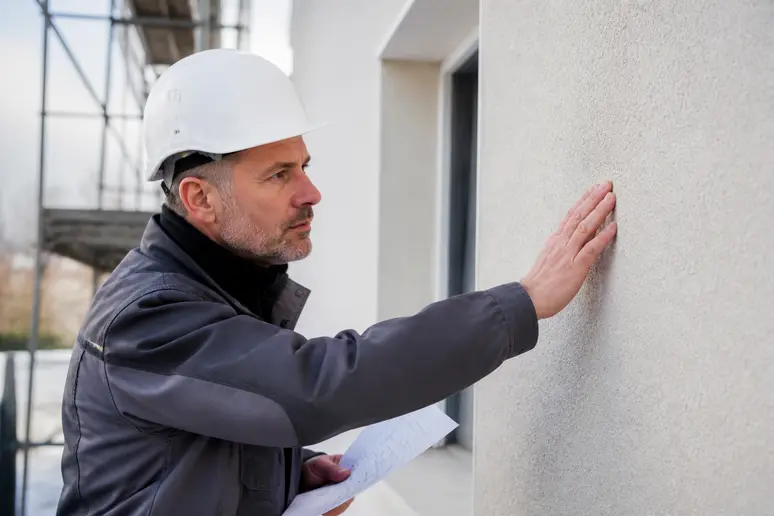 Artisan vérifiant la conformité du DTU 26.1 pour l'application d'enduit pierre apparente.
