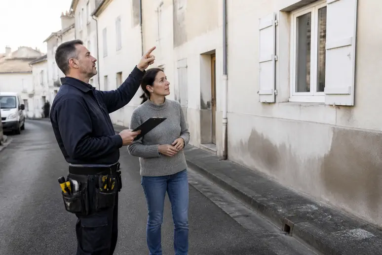 Professionnel de l'entreprise de facade vérifiant une façade avec une propriétaire