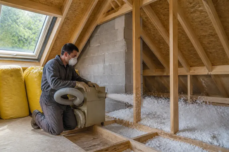 Technicien réalisant l'isolation des combles perdus par soufflage de laine de verre.
