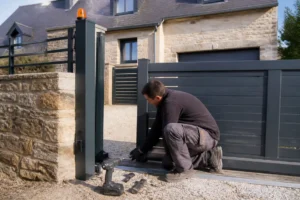 Installation d'un grillage de pierrefond et d'un portail moderne devant une maison