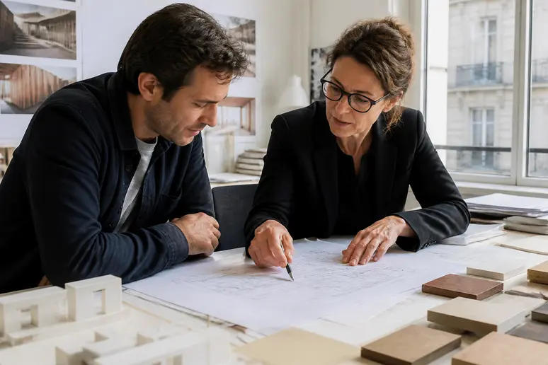 Architecte et client étudiant les plans d'un immeuble en bois en France.