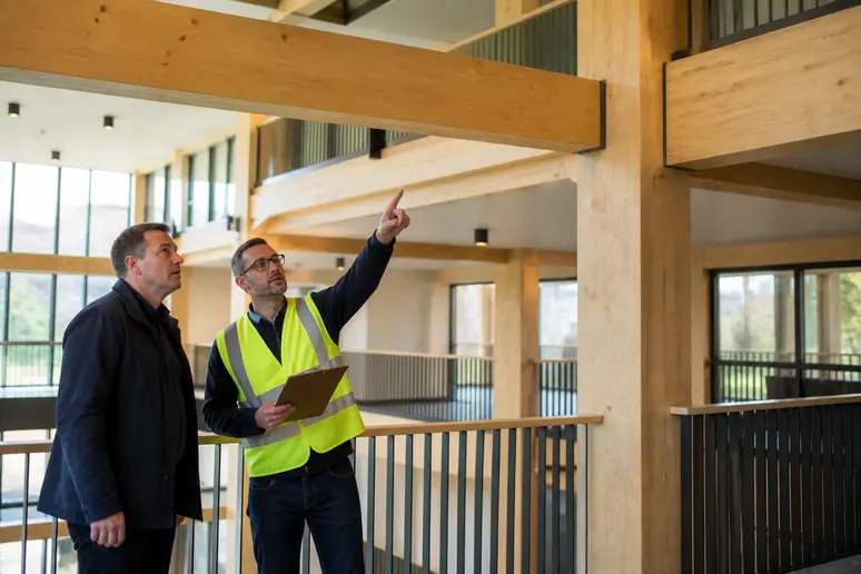 Inspecteur vérifiant la sécurité incendie d'un immeuble en bois moderne.
