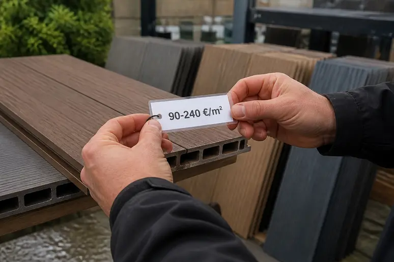 Main tenant un étiquette de prix sur des lames de terrasse composite, coût élevé, inconvénient.