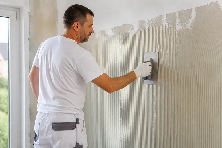 Application de la colle sur le mur avant la pose d'un isolant mince à peindre