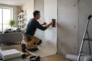 artisan posant un isolant mince mur à peindre sur un mur froid rénové