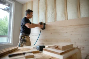 Artisan posant du lambris définition en bois clair dans une pièce en rénovation