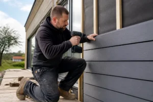 artisan installant un lambris extérieur en composite sur une façade de maison