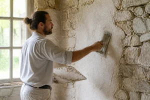 Artisan appliquant un enduit à la chaux sur un mur de maison ancienne en pierre
