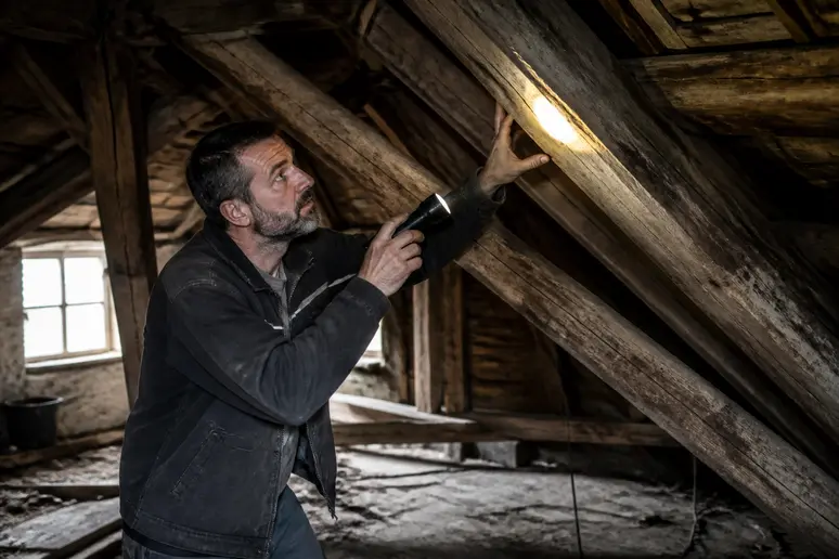 Un homme inspecte une charpente de grenier sombre à la recherche de mites bois photos.