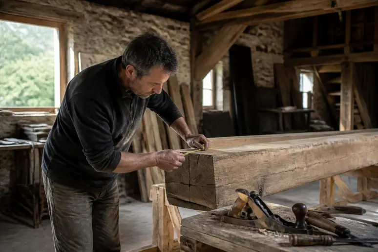 Artisan vérifiant une poutre en bois avant de moiser une poutre dans un atelier français.