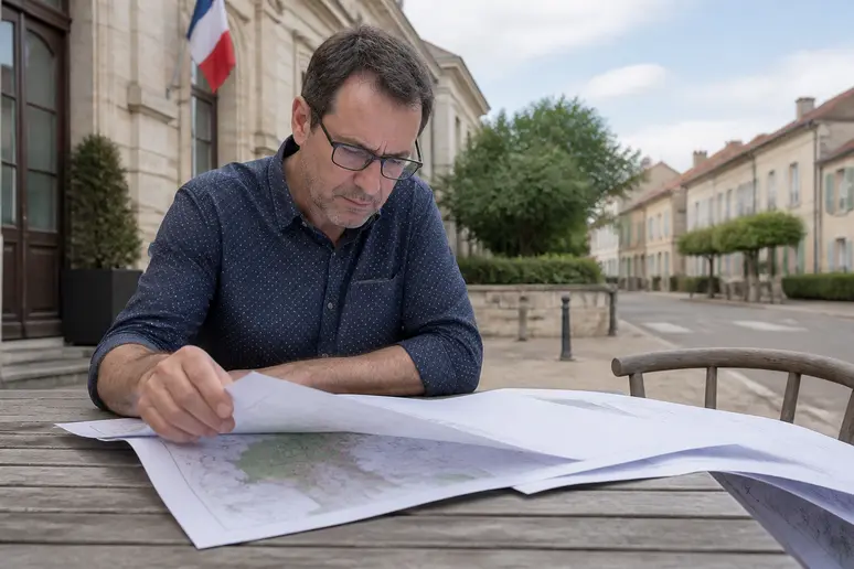 Un homme français examine attentivement un plan d'urbanisme pour son mur de clôture.