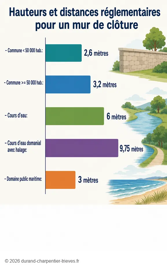Comparaison des hauteurs et distances réglementaires pour la construction d'un mur de clôture.