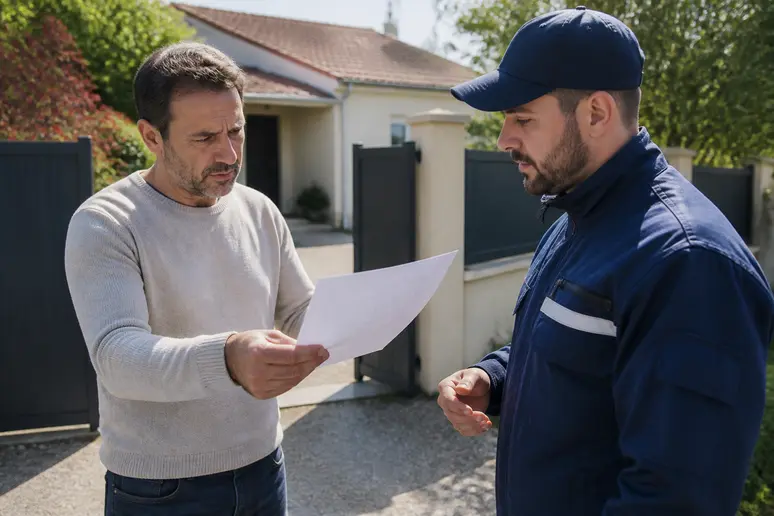 Propriétaire français examinant un contrat de nettoyage toiture manouche avec méfiance.