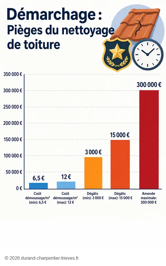 Infographie sur les risques financiers et légaux du démarchage pour le nettoyage de toiture.