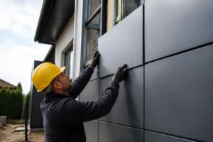 Pose de panneau aluminium extérieur sur la façade d'une maison moderne en rénovation