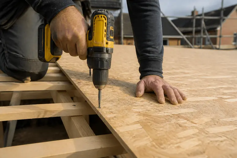 Pose et fixation de panneaux osb 3 sur une charpente de toiture en bois.