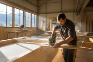 Menuisier mesurant des panneaux osb 3 dans un atelier lumineux pour un chantier de construction