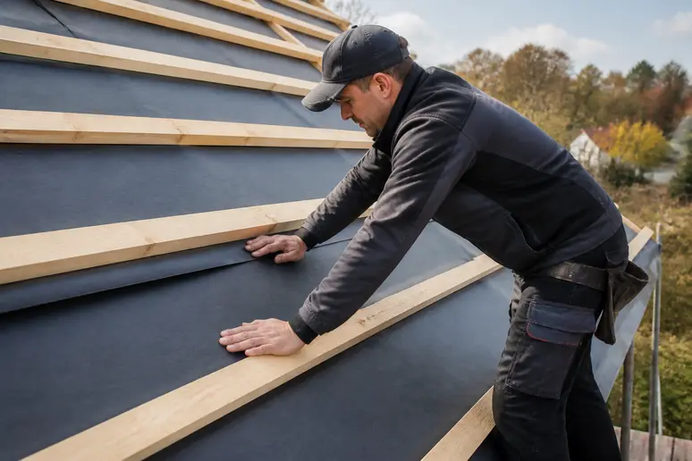 Pose réglementaire d'un écran souple de sous-toiture sur des liteaux en bois.