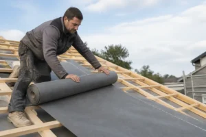 Un artisan déroule un pare-pluie toiture HPV sur la charpente en bois d'une maison en rénovation.