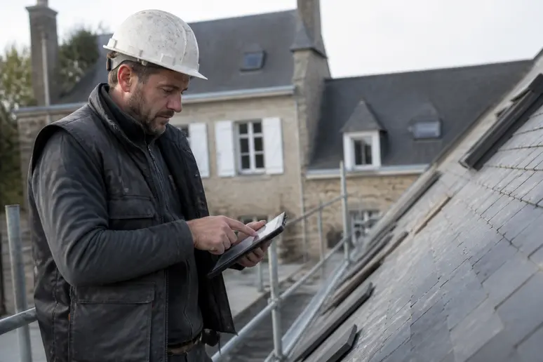 Un couvreur vérifie la pente minimum ardoise sur une tablette devant une maison française.