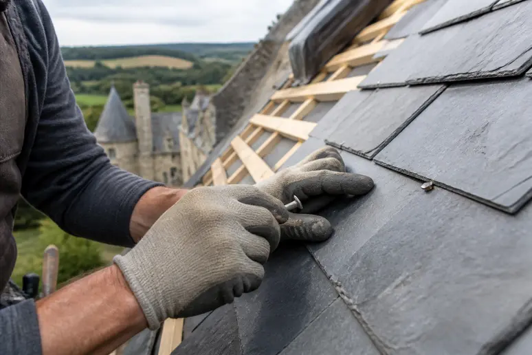 Mains d'un couvreur fixant une ardoise naturelle sur une toiture, respectant la pente minimum ardoise.