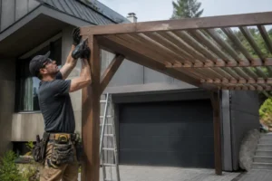 Installation d'une pergola voiture en bois par un artisan dans une cour résidentielle