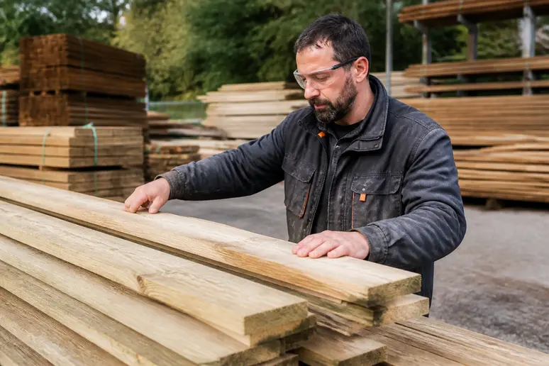 Un menuisier français examine des planches de bois pour une petite barrière bois solide.