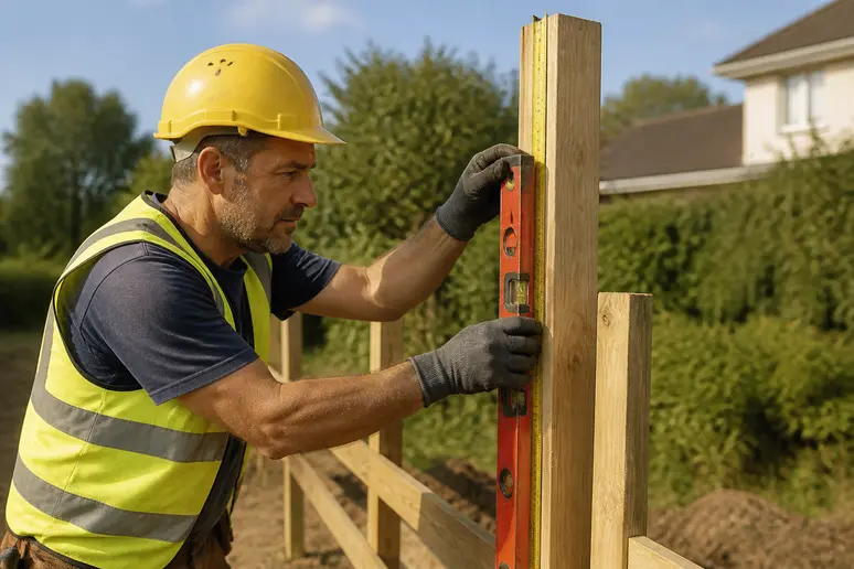 Un professionnel français vérifie l'aplomb d'un poteau pour une petite barrière bois.