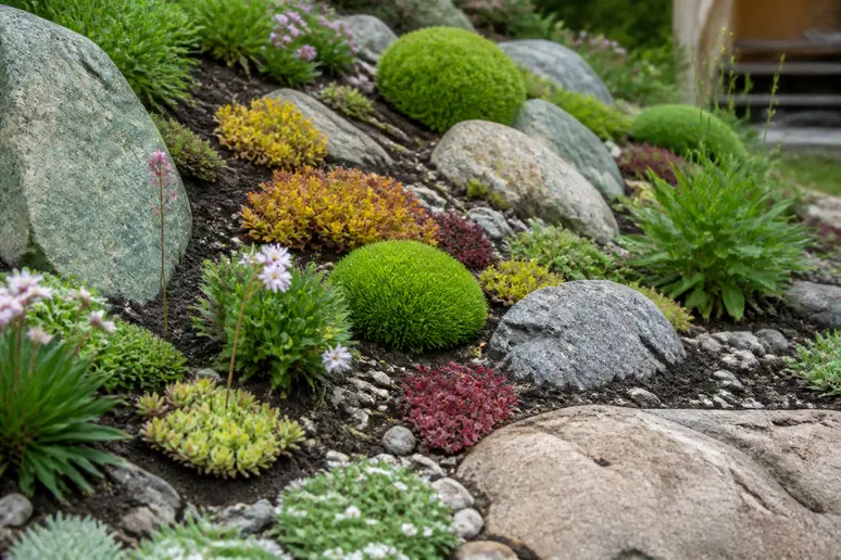 Aménagement d'un jardin de rocaille en pente avec des plantes vivaces et des pierres naturelles