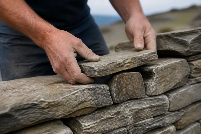 Pose manuelle des blocs de pierre pour la construction d'un muret en pierre sèche