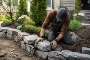 Aménagement paysager avec de la pierre et jardins comprenant la construction d'un muret naturel.